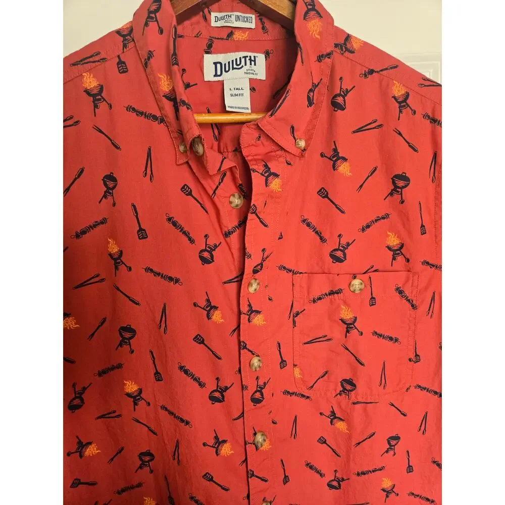 Duluth Trading Co Untucked Bbq Grilling Button Down Red Orange Shirt Large Tall - Picture 3 of 8